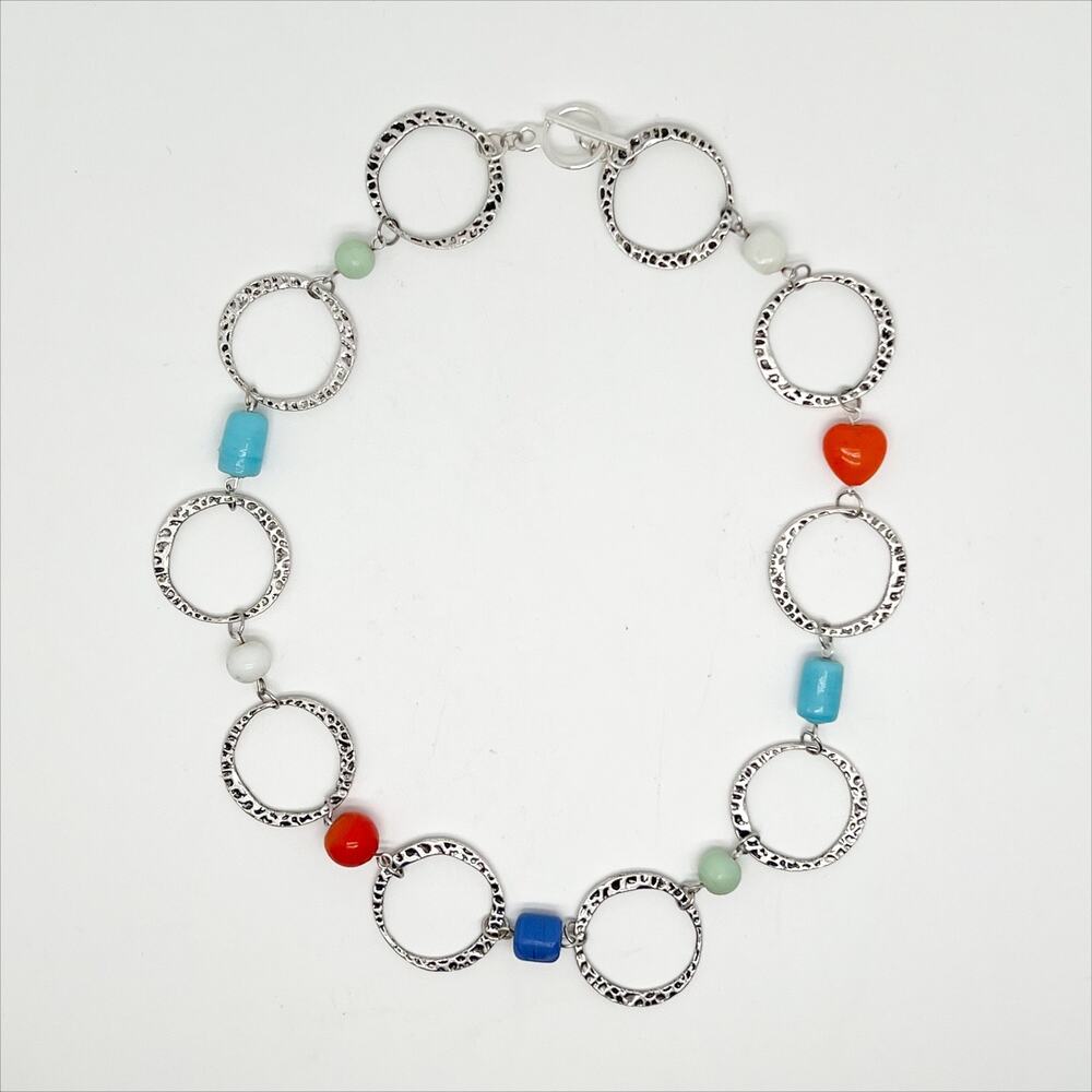 Handmade Hammered Silver Tone Circle Ring Necklace with Colorful Bead Accents